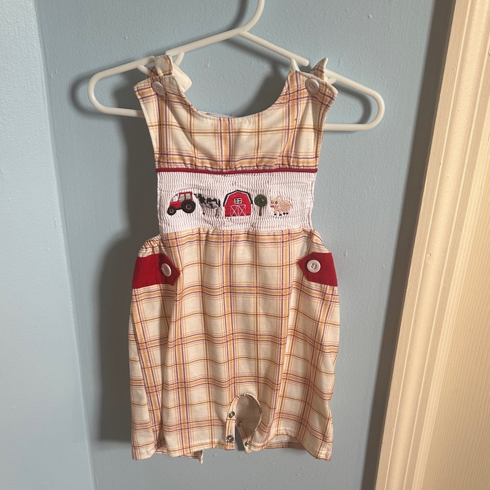 Toddler Plaid Farm Smocked Romper - Yellow & Red